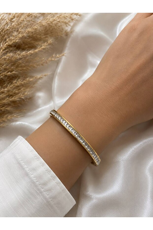 Steel Cuff Bracelet with Zircon Stone Detail
