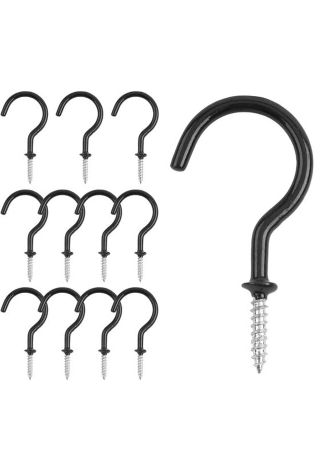 Black Mug Hooks - 12 Plastic Coated Screw Hooks for Ceilings and Walls