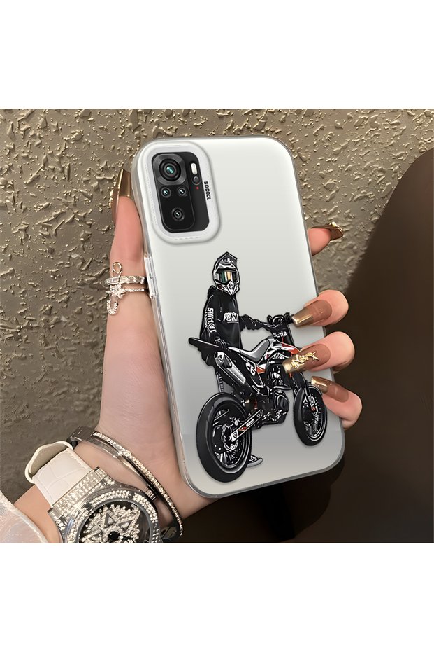 Redmi Note 10 4G/Note 10S Compatible Motorcycle Rider Drawing Printed Men's Style Phone Case with Helmet
