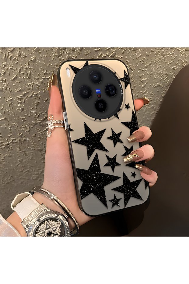 Vivo X300 Compatible High Quality Flat Print Black Star Pattern Cool Silicone Phone Case