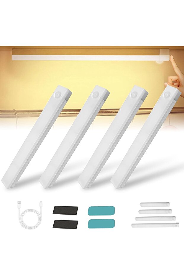 4-Pack Non-Drill Smart Sensor Magnetic Rechargeable LED Under-Cabinet Lights Indoor Motion Sensor Warm Light Units 30 cm