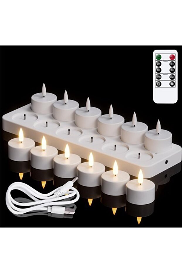 12pc Rechargeable 3D Wick Flickering Flameless Tea Lights with Charging Dock