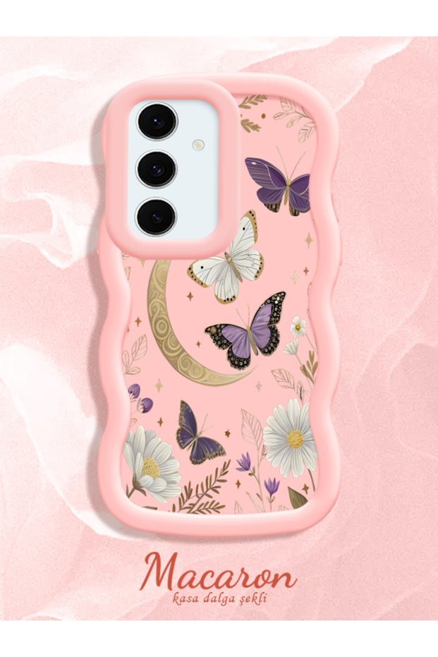Samsung Galaxy S24 Fe Compatible Wavy Frame Moon Butterfly and Flower Pattern Silicone Phone Case