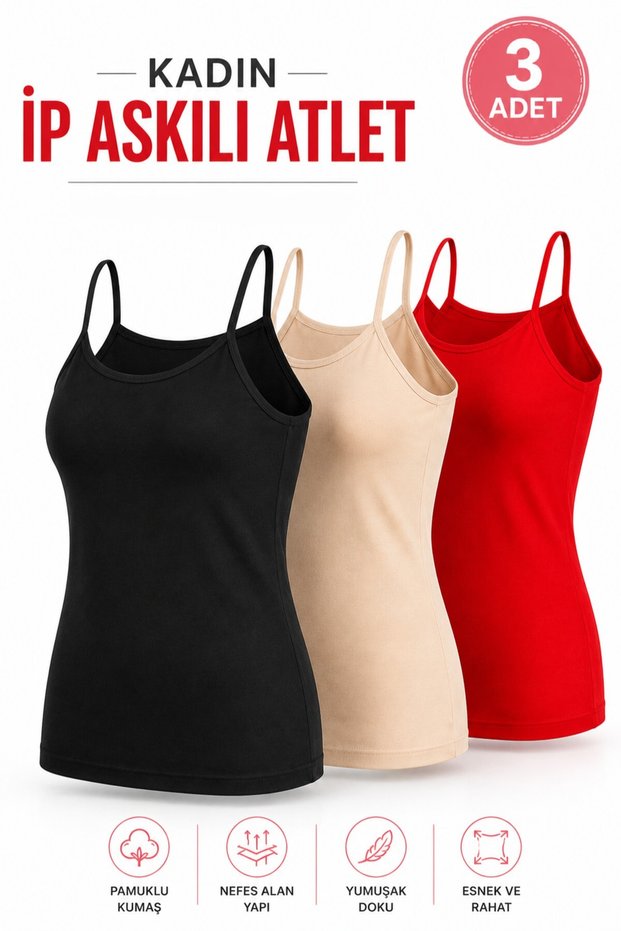 Women's Rope Strap Tank Top (Tutku Yetki̇li̇ Saticisi) - Cotton Comfortable Fit Daily Use Underwear Black Skin Red – 3 Pieces