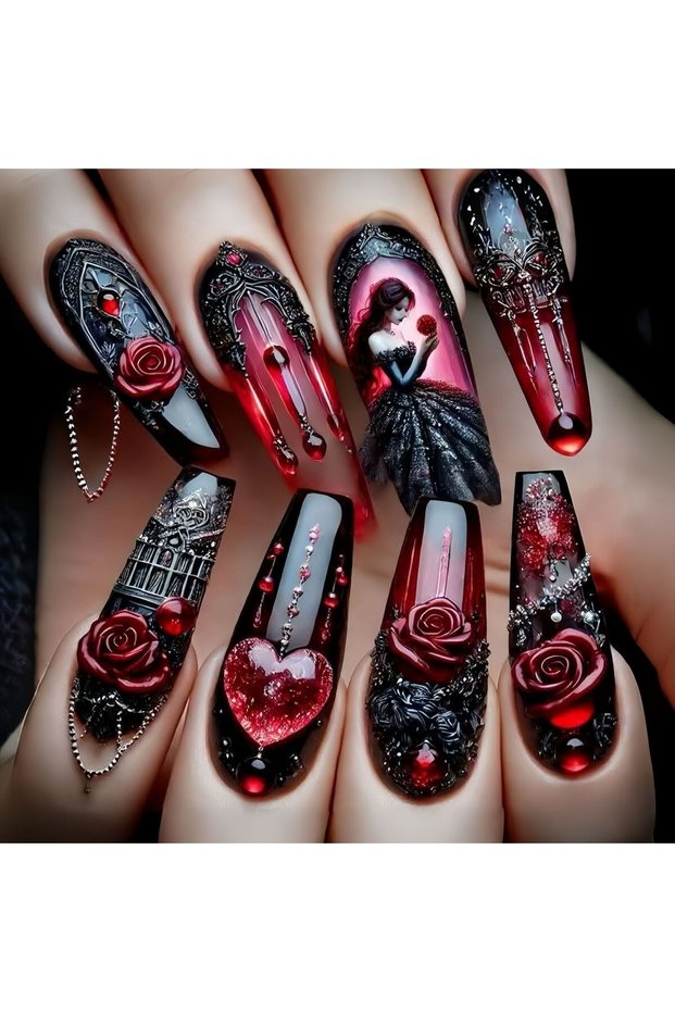 3681 24pcs/set Fake Nails for Valentine's Day Gradient Red Black Cute Heart Rose Flowers Design Fren