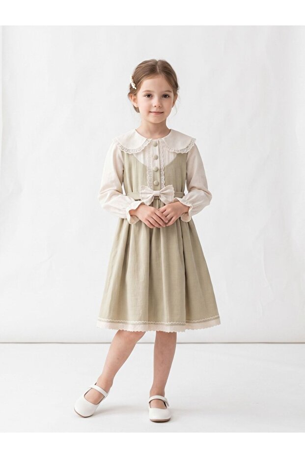 Nostalgic Collar Detailed Bowknot Girls' Dress