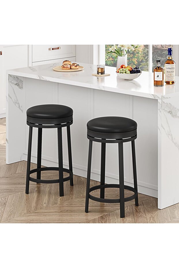 Swivel Bar Stools Set of 2-24'' Counter Height, Backless Round Stools with Waterproof PU Leather Cushion, 360° Rotation, Sturdy Metal Frame with Footrest, Kitchen Island or Home Bar, Black, 2PCs