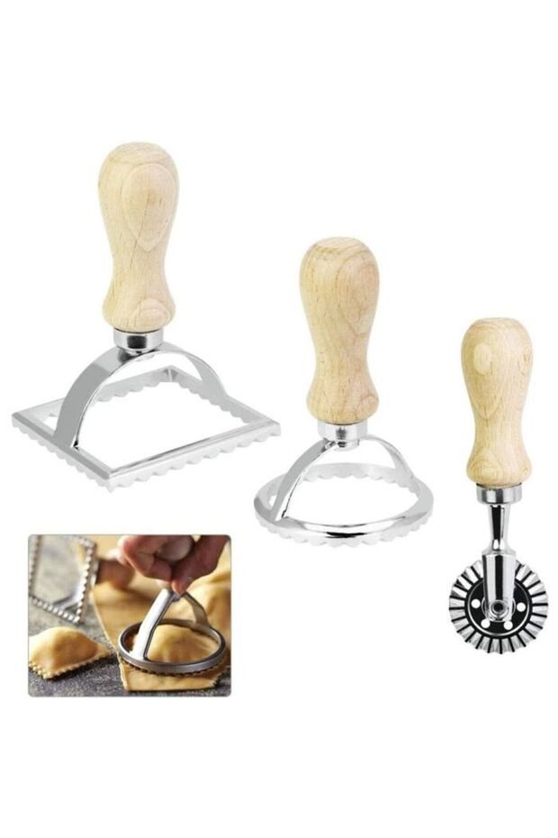 Italian ravioli round mold, square embossed dough cutter, cookie cutter with wooden handle, 3-piece set