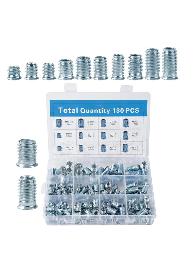 130 pieces of M6/M8/M10 threaded wood inserts and nuts, with sorting boxes, for parts processing and furniture making.