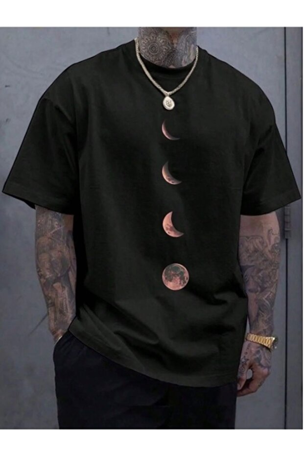 Moon Printed Black Oversize Unisex T-Shirt Basic Comfortable Fit Daily Tshirt