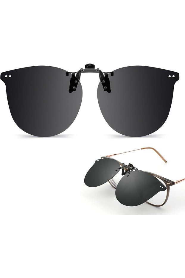 Polarized clip-on sunglasses, unisex, UV400 protection, flip-up design, suitable for driving, travel, and outdoor sports.
