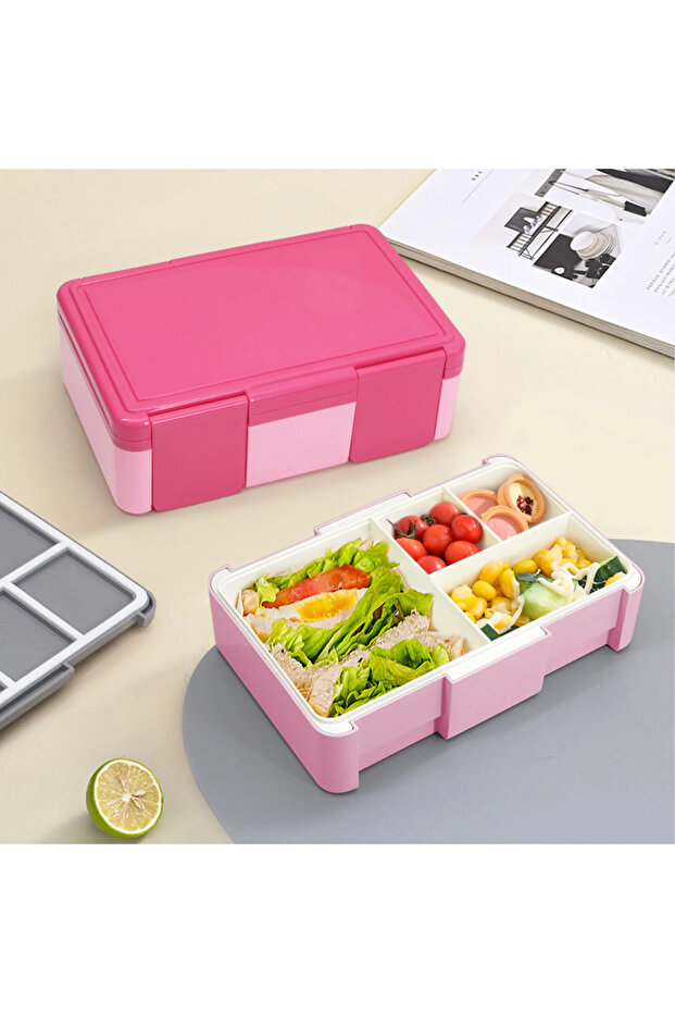 1450ml Airtight Bento Box made of PP Material, Includes Cutlery Set and Sauce Container, Four-Compartment Design with Snap Closure (Rose Red)
