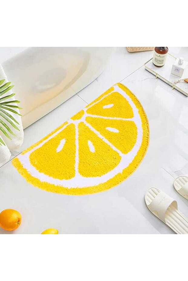 Bathroom mat with yellow fruit and lemon patterns, suitable for bathrooms, showers, bathtubs, and bedrooms, 78.9 x 48.3 cm.