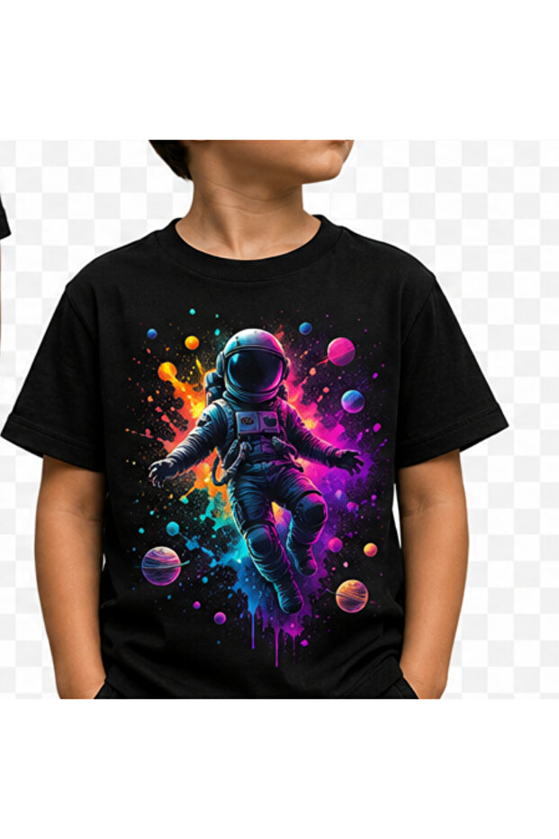 Astronaut Printed Kids T-Shirt Black Dtf Print Cotton Space Themed Short Sleeve