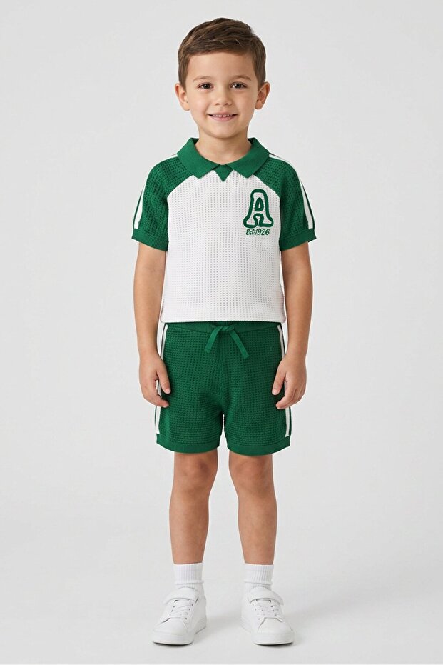 Kids Boy 2 Pcs Knitted Varsity T-Shirt And Shorts Set, Multicolor