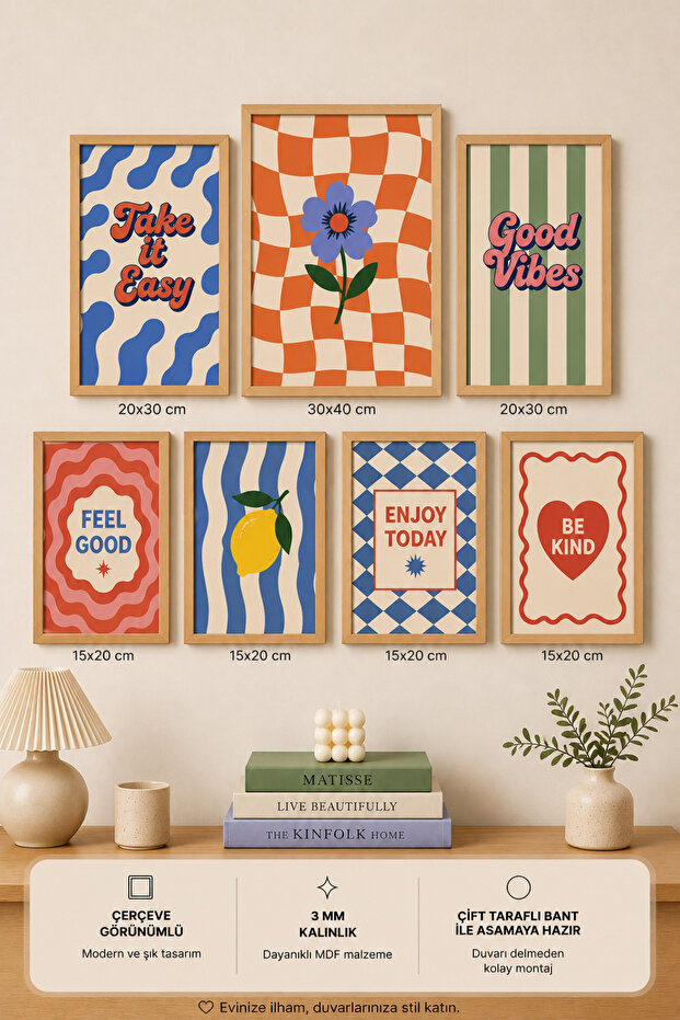 7-Piece Frame-Looking Modern Painting Set | Retro & Pop Art | Motivational Written | Living Room, Office, Kitchen and Study Room Wall Decoration