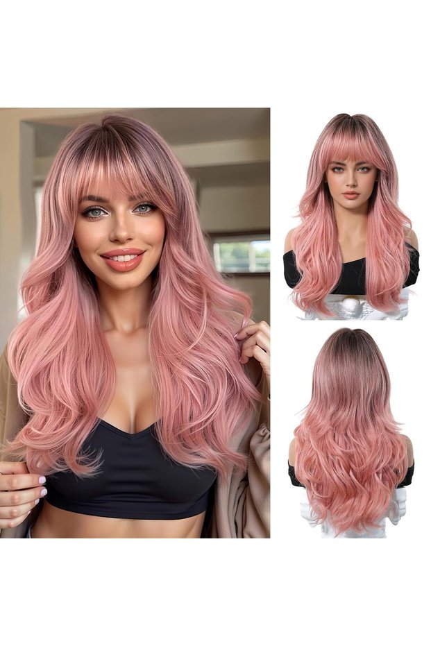 Long pink wig, wavy wig with tassels, synthetic women's hair, natural heat-resistant wig, suitable for everyday wear, parties, and cosplay costumes.
