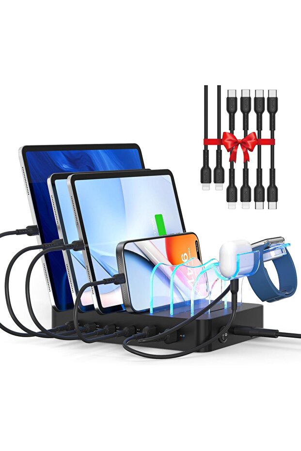 USB Charging Station, Multiple USB Charger Station for Multible Devices, mixed Cables Included, Charging Organizer for Phones,Tablets, and Other Electronics (90W-6 Port Black)