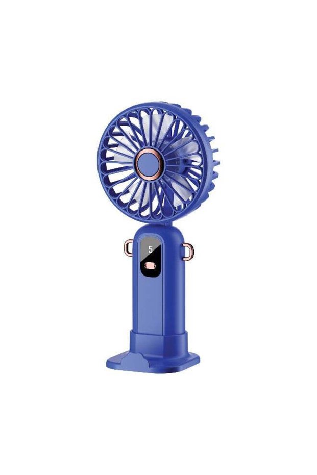Deal 5-Speed Mini Handheld Fan with LED Display, 1200mAh Battery & Phone Holder Slot - Foldable Portable USB Type-C Rechargeable Fan for Home, Office, and Travel - Blue