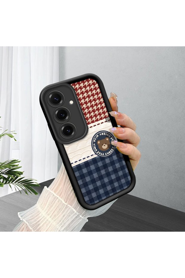 Samsung Galaxy S25 Plus Compatible Cute Bear Protective Case, Mix of Plaid and Lines, Impact Blocking