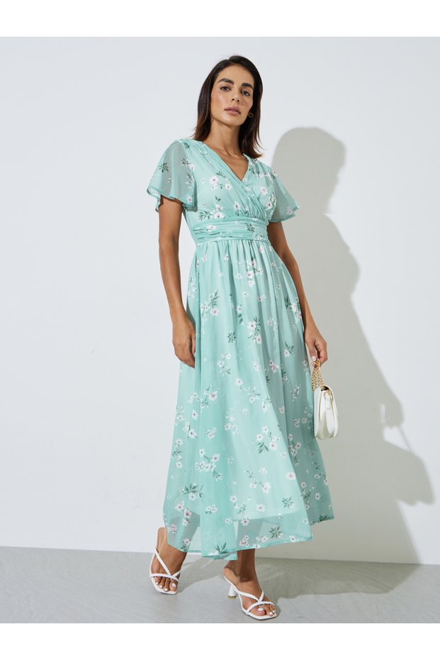 Green Floral Print A-Line Maxi Dress with Short Sleeves