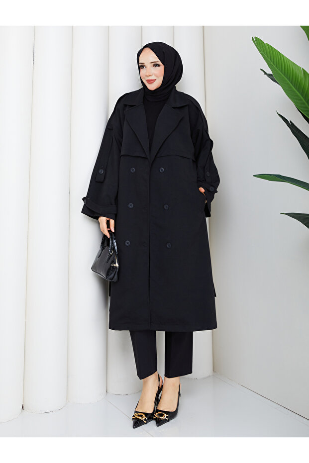 Women's Oversize Buttoned Hijab Trench Coat Rc3111