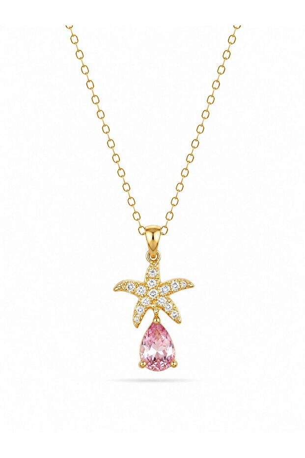 316L Steel Chain Gold Color Star Model Pink Drop Stone Model Necklace
