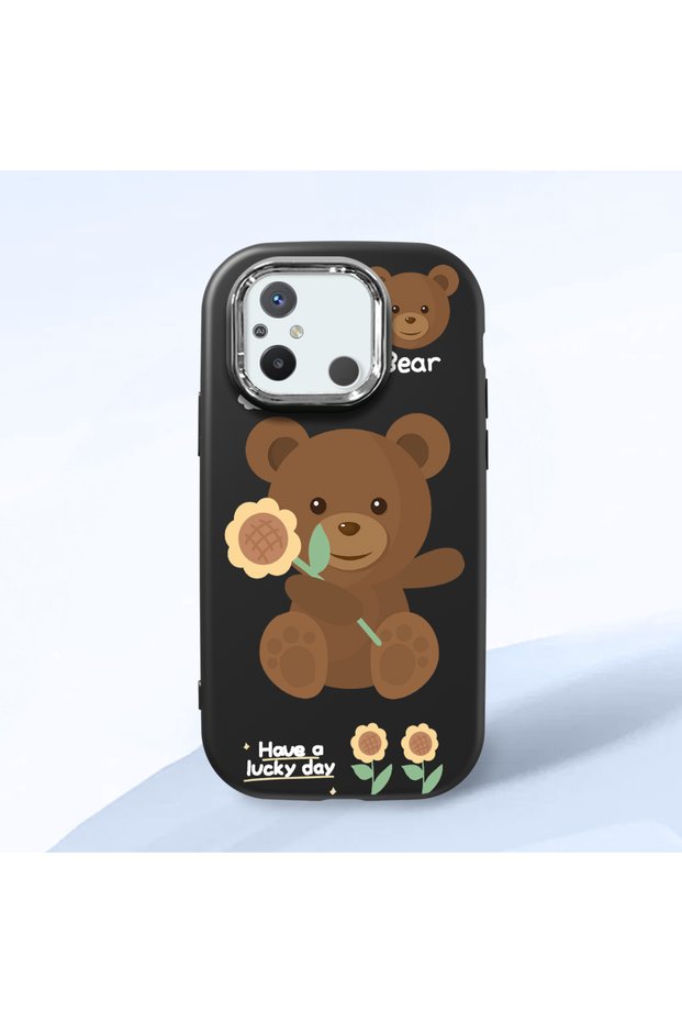 Redmi 12C Compatible Case Camera Protective Black Silicone Couple Phone Case with Bear Pattern
