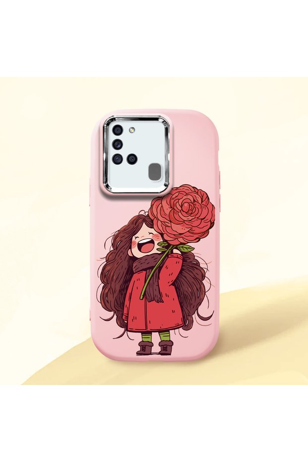 Samsung Galaxy A21S Compatible Case Camera Protective Pink Silicone Couple Phone Case Girl Patterned