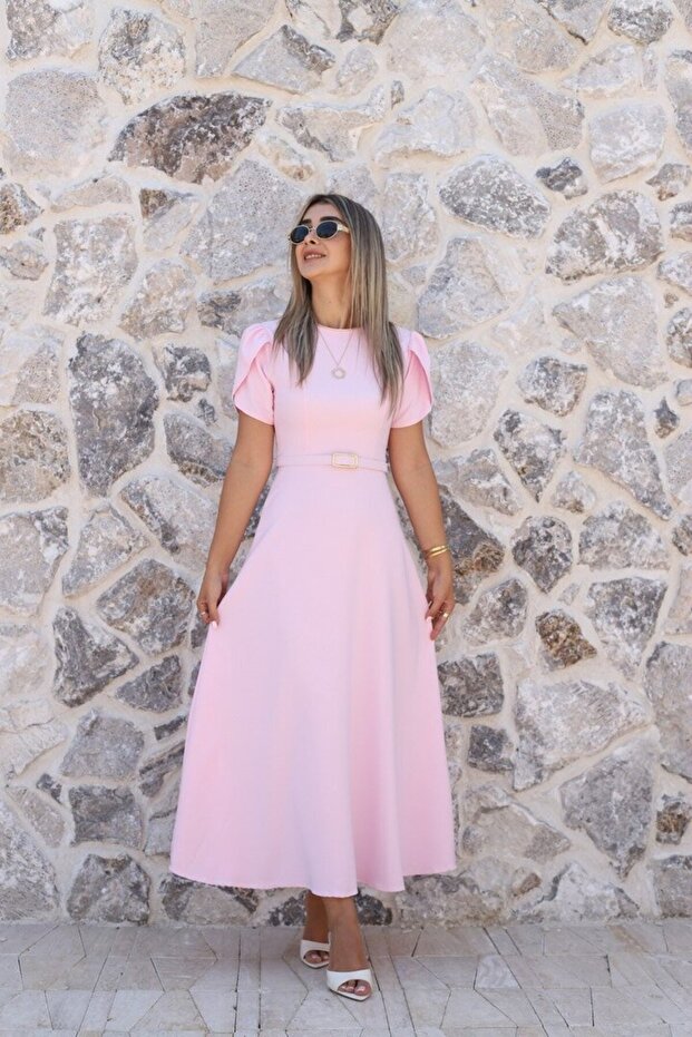 Pink Belted Sleeve Detail Dress
