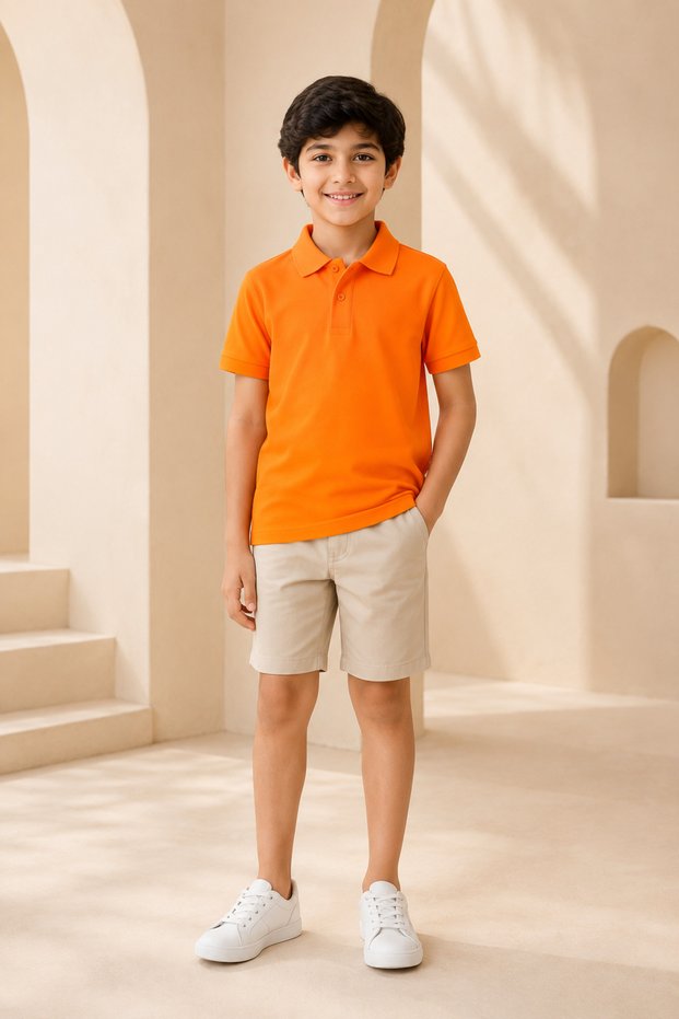 Children's Unisex Orange Short Sleeve Polo Collar T-Shirt 100% Cotton Lakos Fabric