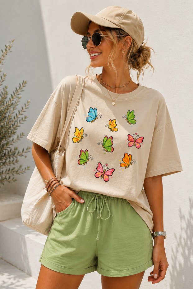 Colorful Butterfly Printed Crew Neck Casual Unisex Oversize T-Shirt - Nature Themed Cotton T-Shirt
