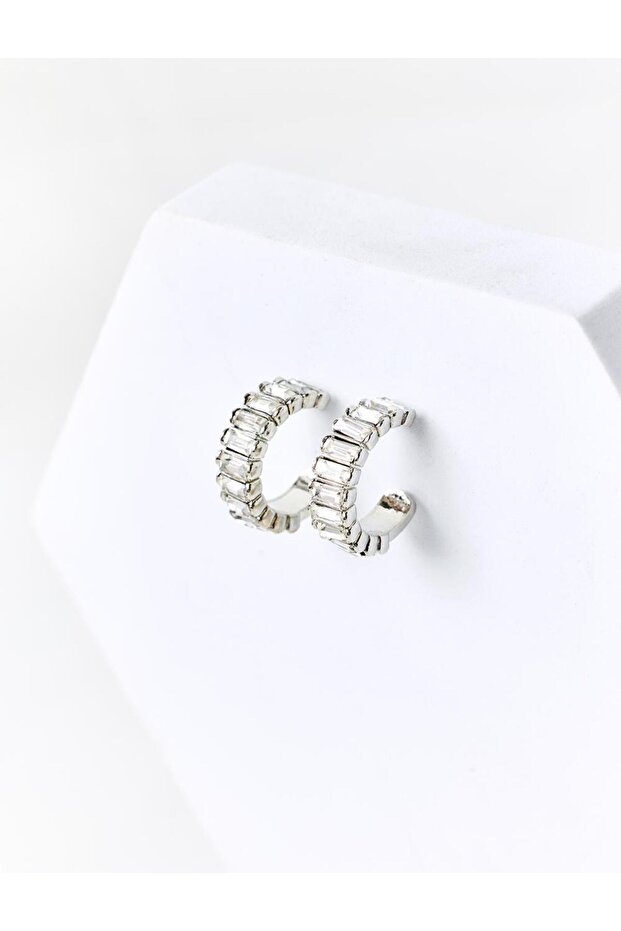 Silver Color Baguette Stone Detailed Hoop Earrings