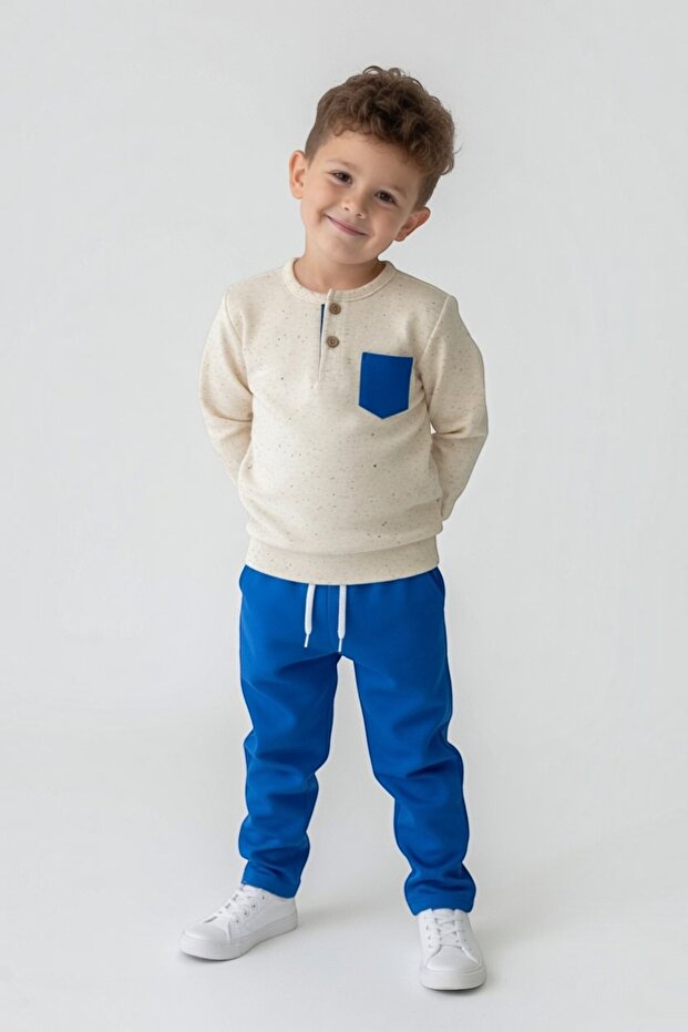 Collar Button Detail, Gray Fabric Cotton Blue Boy's Suit