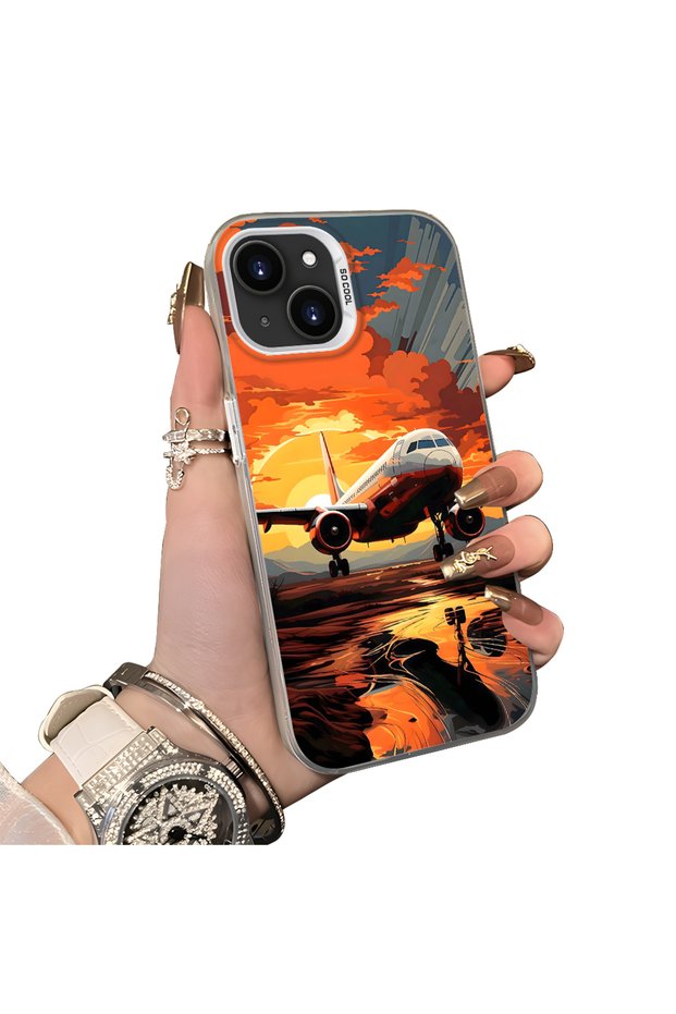 iPhone 14 Plus Compatible Silicone Edge Hard Back Case Couple Phone Case with Airplane Pattern