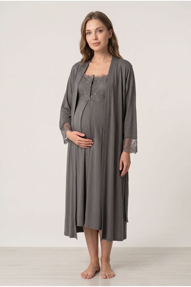 Women's Smoked Lace Maternity Nightgown Set with Nursing Detail and Robe
