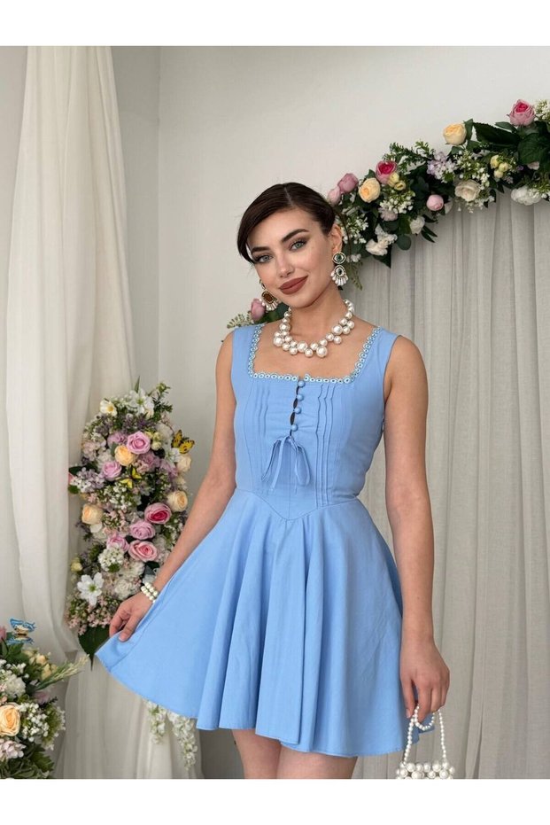 Women's Baby Blue Mini Dress Square Collar Lace Detailed Buttoned Sleeveless Poplin