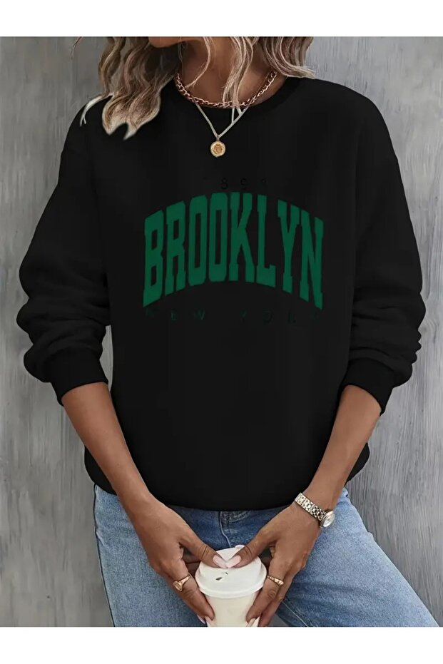 Women's Brooklyn (Green) Printed Crew Neck Gray Black Sweatshirt Oversize Loose