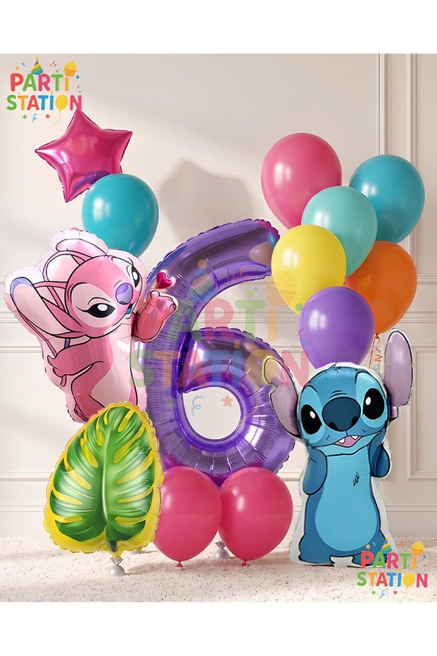 Lilo Stitc Balloon and Angel Balloon 6 Years Old 14 Piece Birthday Balloon Set