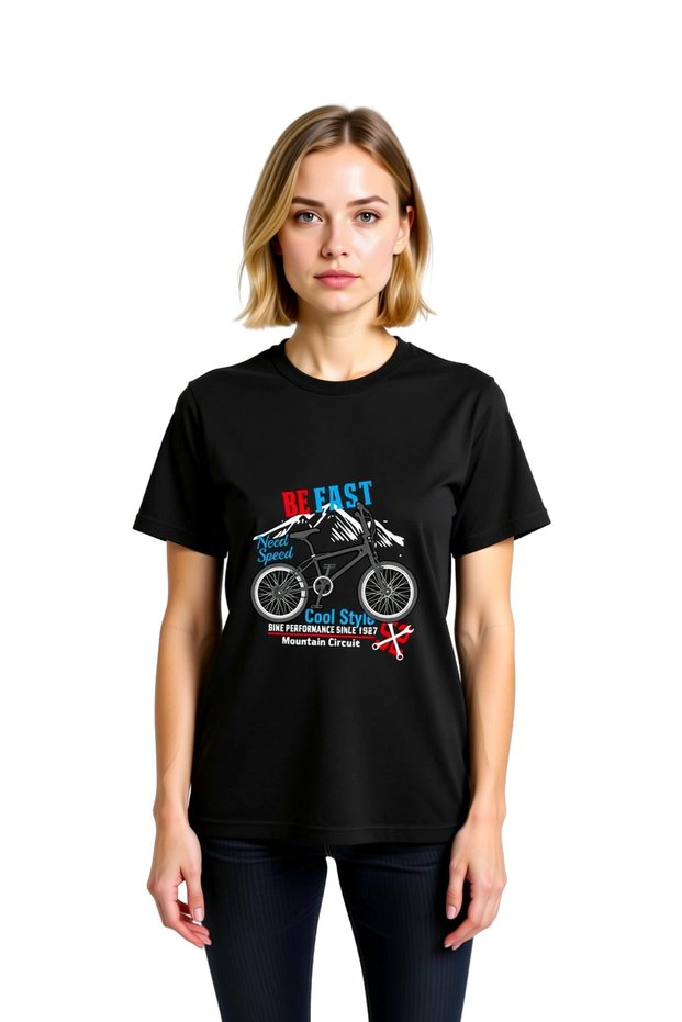 Women's Cycling Themed Printed T-Shirt Retro Style Speed Lettering Relaxed Fit Casual Modern