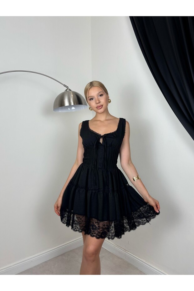 Women's Black Mini Dress with Square Collar, Bow Detail, Flared Skirt and Lace Trim