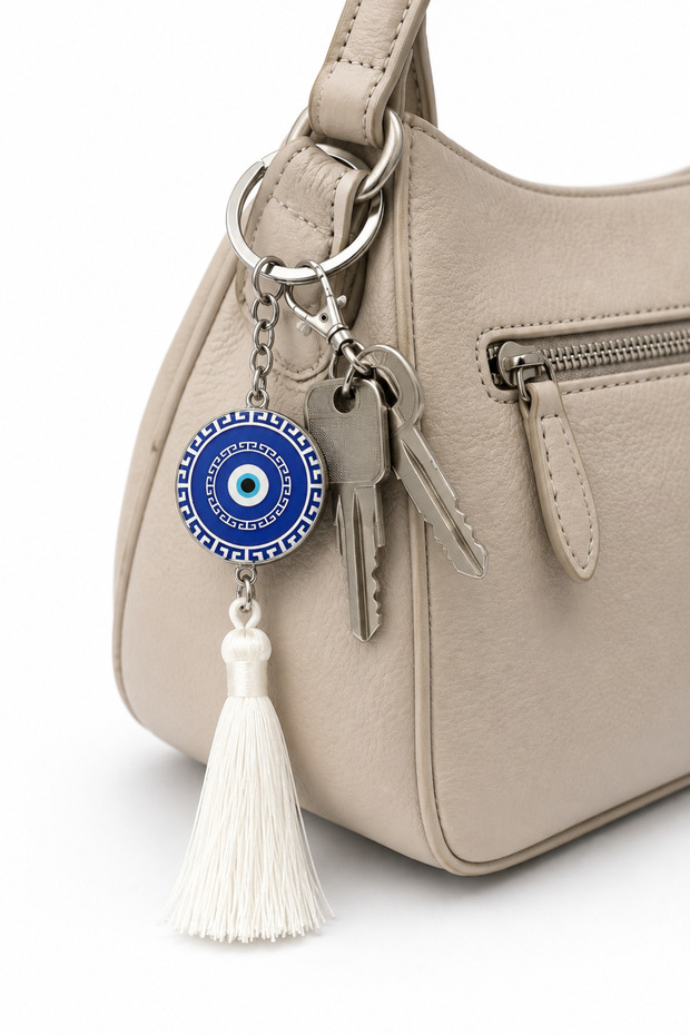 Evil Eye Bead Patterned Tassel Metal Keychain Women Men Gift