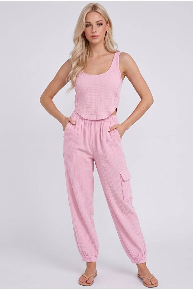 Women's Muslin Crop Tank Top and Cargo Pocket Shalwar Pants Two-Piece Set 100% Cotton