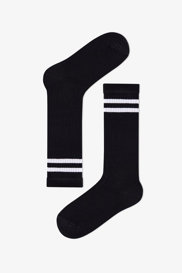 Girl's Black Sporty Black Ribbed Striped Cotton Trousers Socks