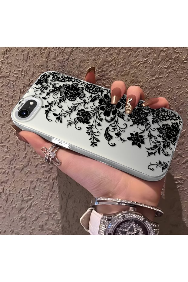 Elegant Black Lace Flower Pattern Case for iPhone 7/8/Se 2020 2022 Compatible, High Quality Case