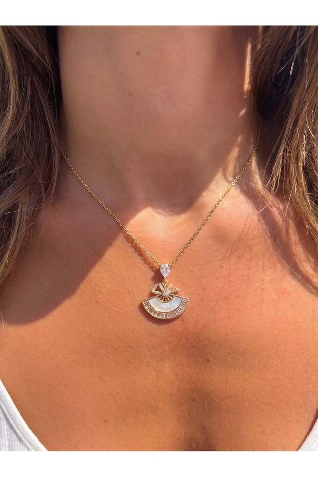 Women's Gold Color Stone Fan Model Steel Necklace