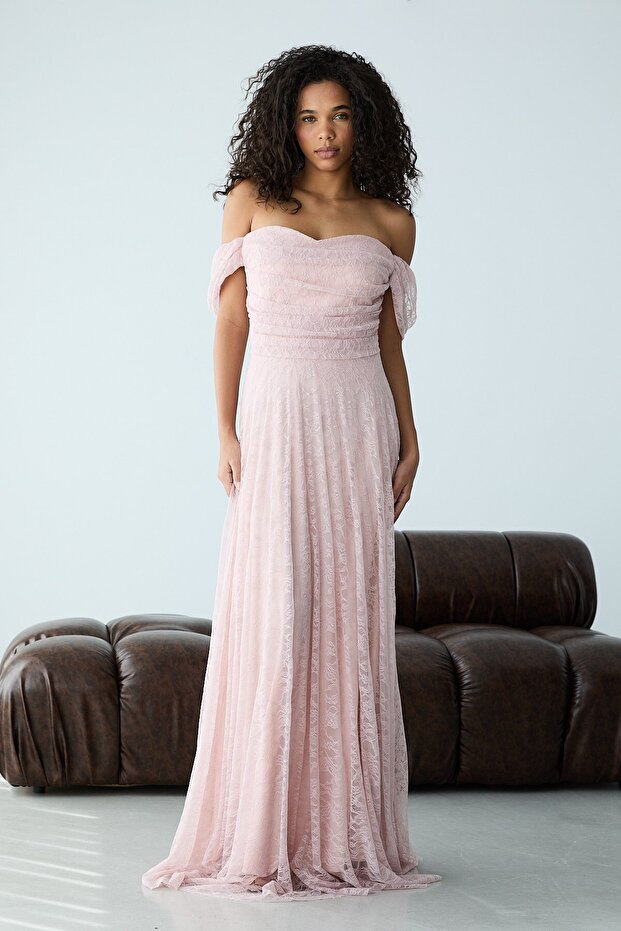 Powder Strapless Boat Neck Long Flared Lace Evening Dress