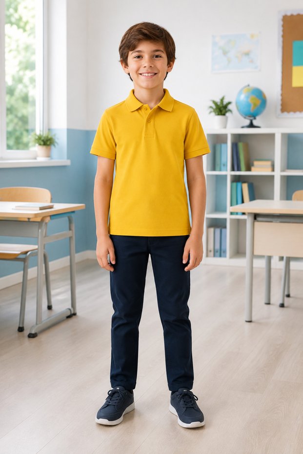 Children's Unisex Mustard Short Sleeve Polo Collar School T-Shirt 100% Cotton Lakos Fabric