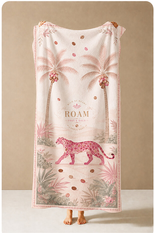 Vintage Safari Leopard Palm Tree and Roam Text Patterned 70X150 Beach Towel - Cotton Bath Towel
