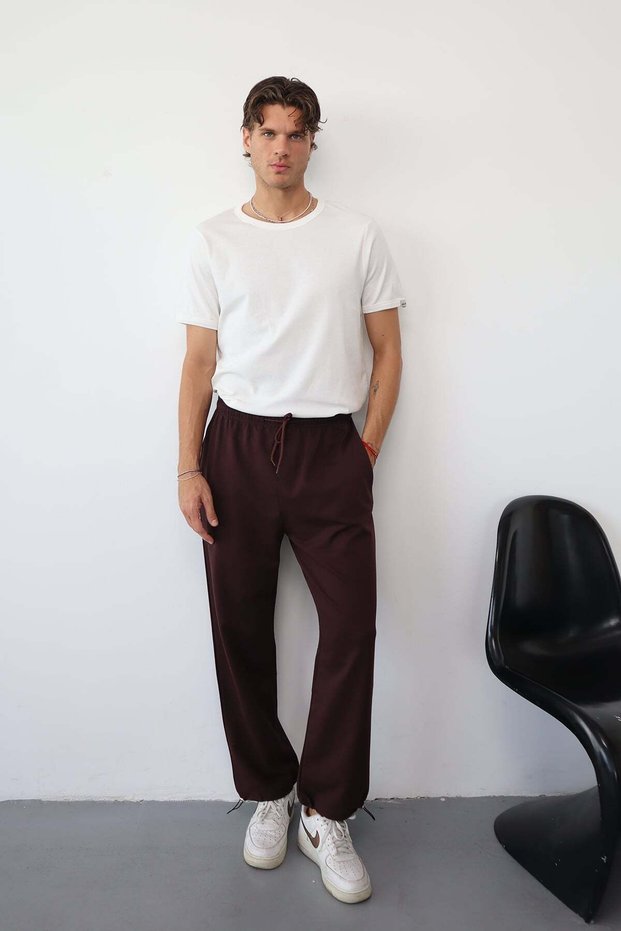 Men's Pants with Adjustable Waist and Cuff Stopper Detail, Brown - 26m 5057